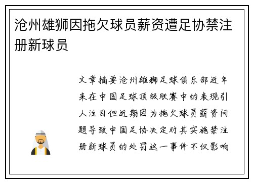 沧州雄狮因拖欠球员薪资遭足协禁注册新球员